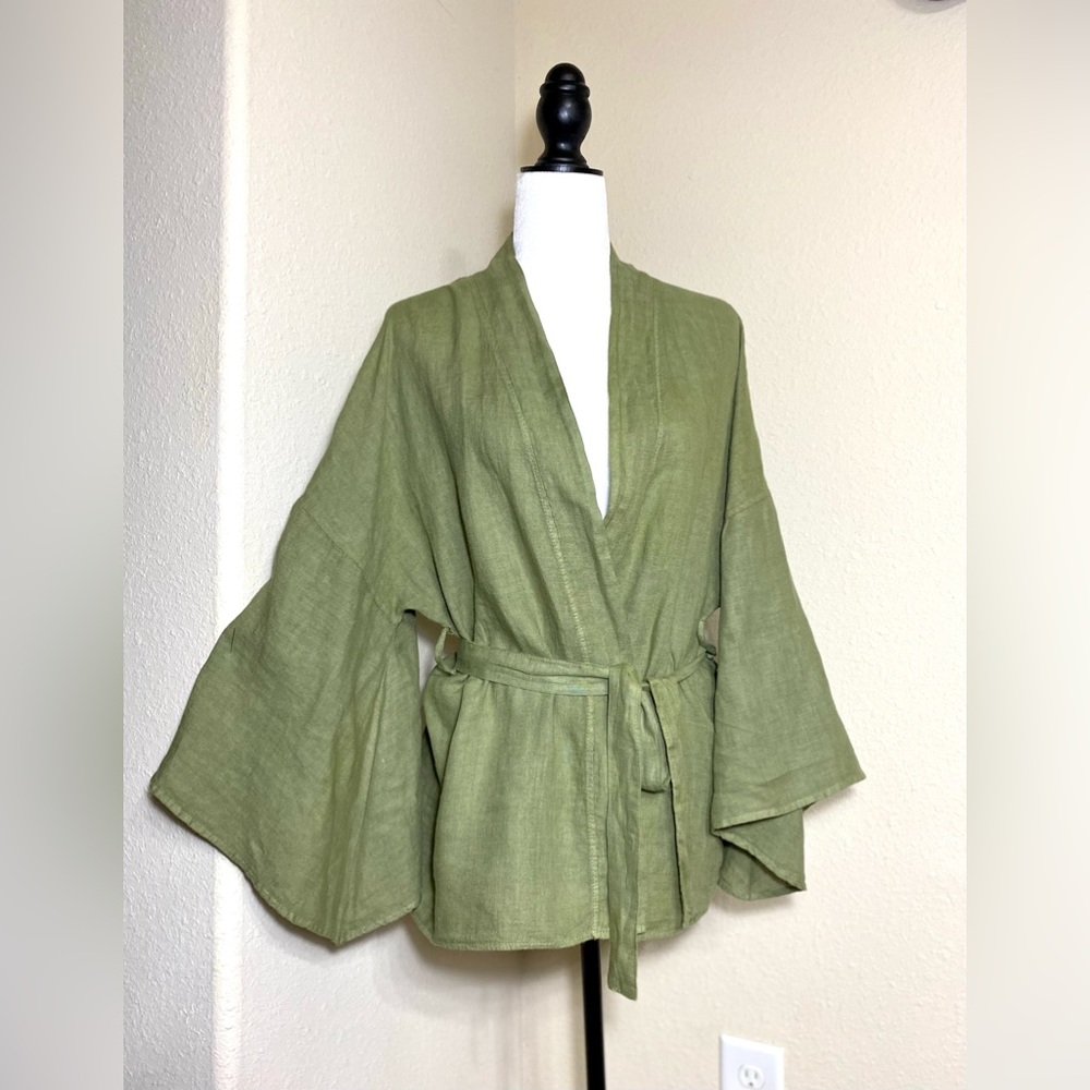 Linen Lightweight Jacket Kimono Belted Italy One Size - Picture 3 of 9